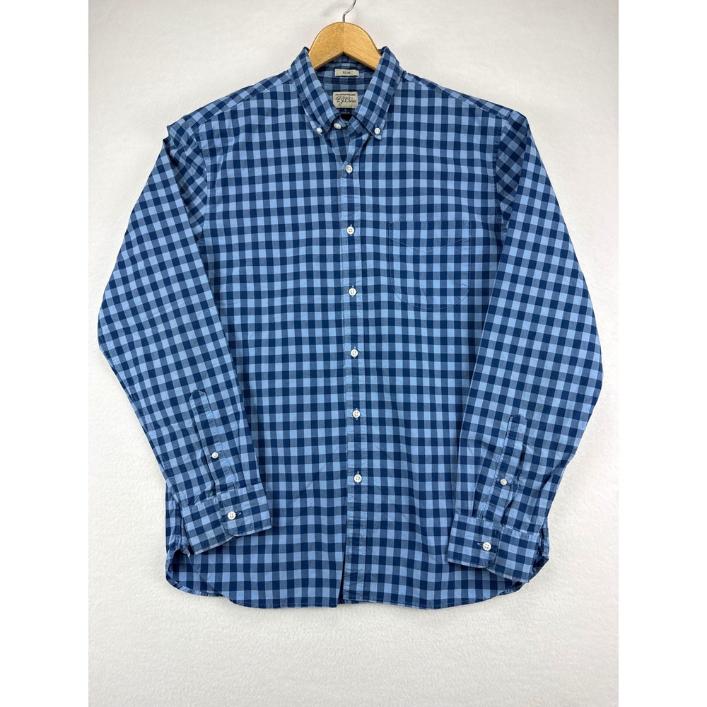 J. Crew Shirt Mens Large Blue Gingham Check Slim Fit Cotton Button Down